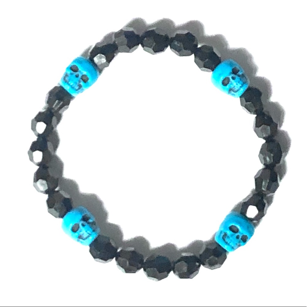 Skulls Beaded Kandi Bracelet - Black, Neon Blue